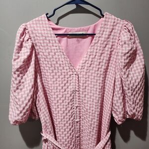 Taylor Pink Gingham Maxi Dress with Puff Sleeves Has Pockets L/XL